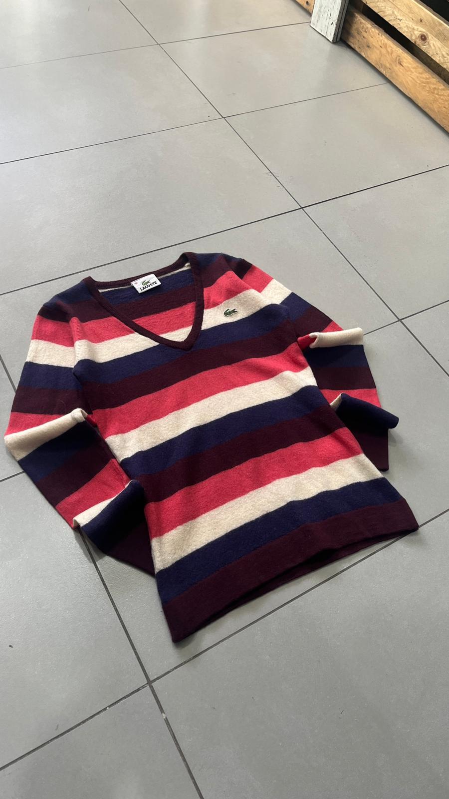 Maglioncino a righe scollo a V Lacoste Vintage Y2K 90s 00s American Style Hip-Hop (XS)