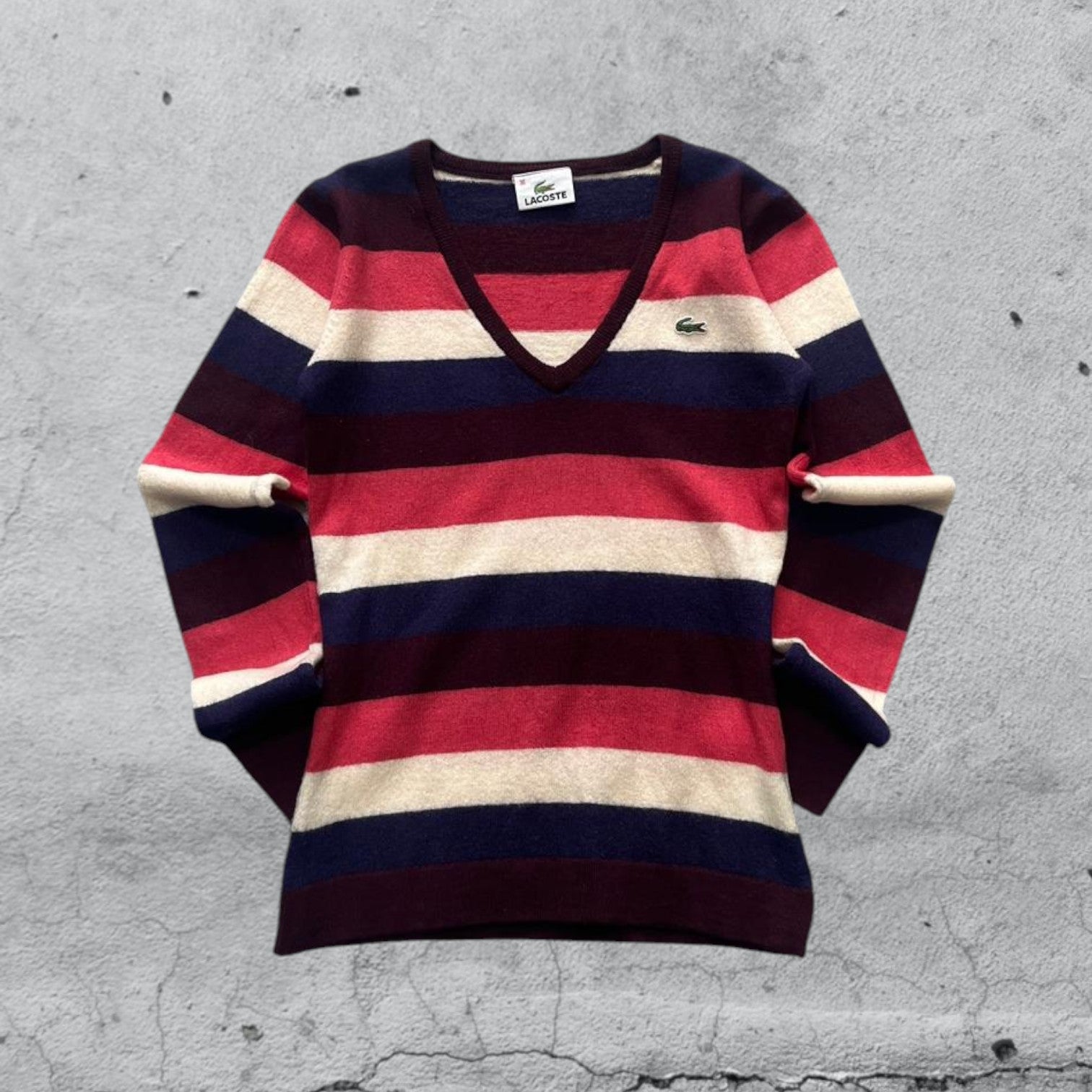 Maglioncino a righe scollo a V Lacoste Vintage Y2K 90s 00s American Style Hip-Hop (XS)