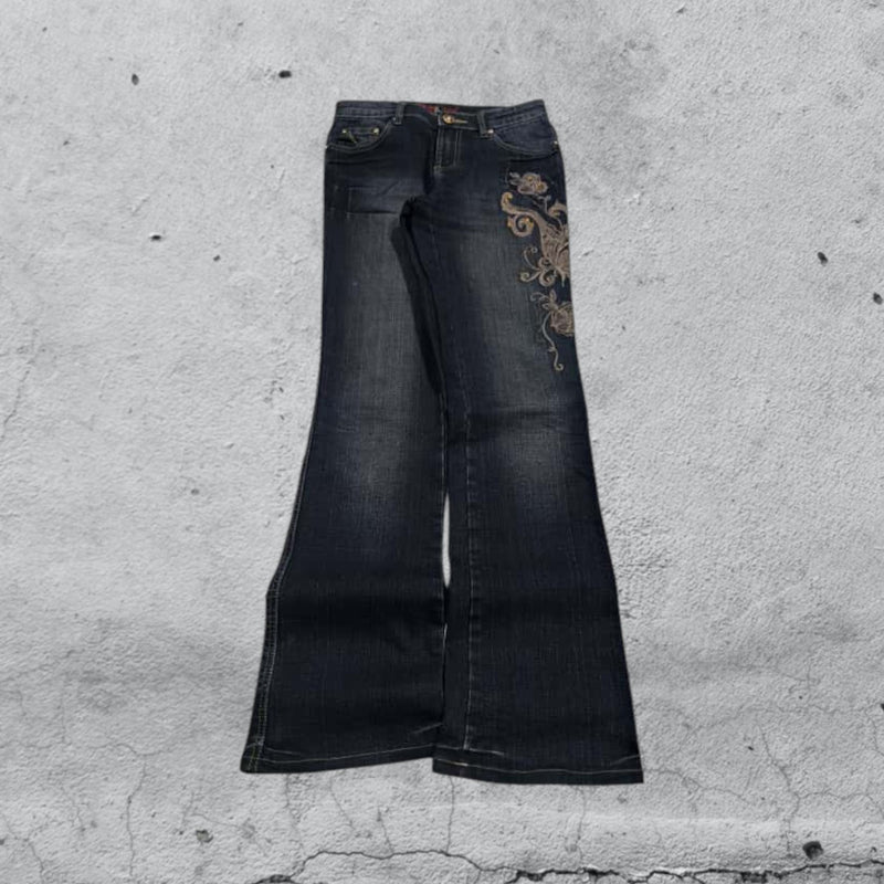 Denim Washed Embroidered Bootcut Fit Vintage Y2K 90s 00s American Style Hip-Hop (XS)