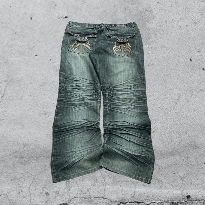 Denim Jeans Washed Embroidered Baggy Fit Vintage Y2K 90s 00s American Style Hip-Hop (XXL)
