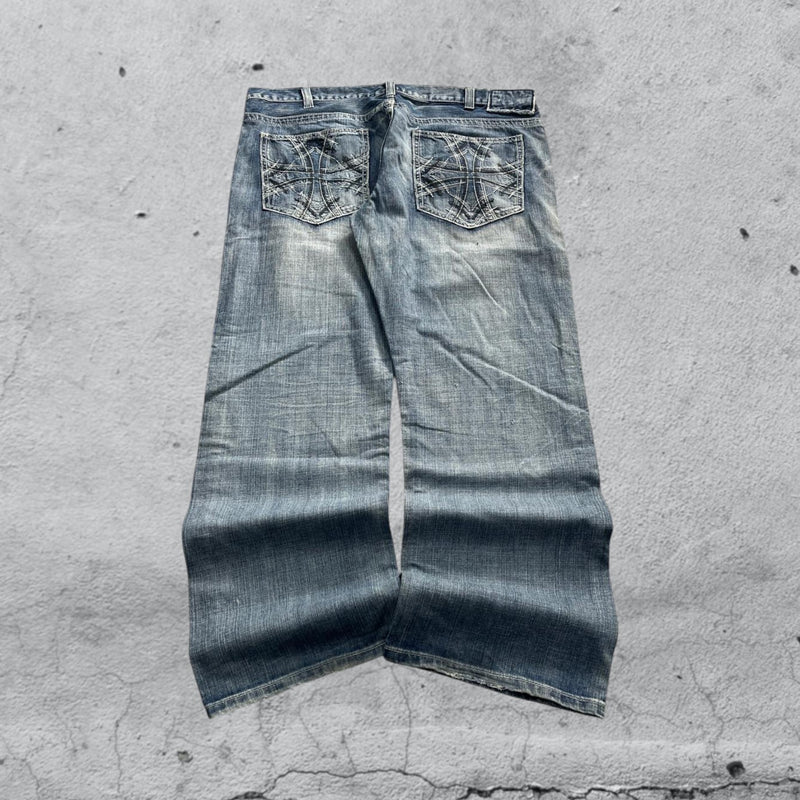 Denim Jeans Washed Embroidered Baggy Fit Vintage Y2K 90s 00s American Style Hip-Hop (XXL)